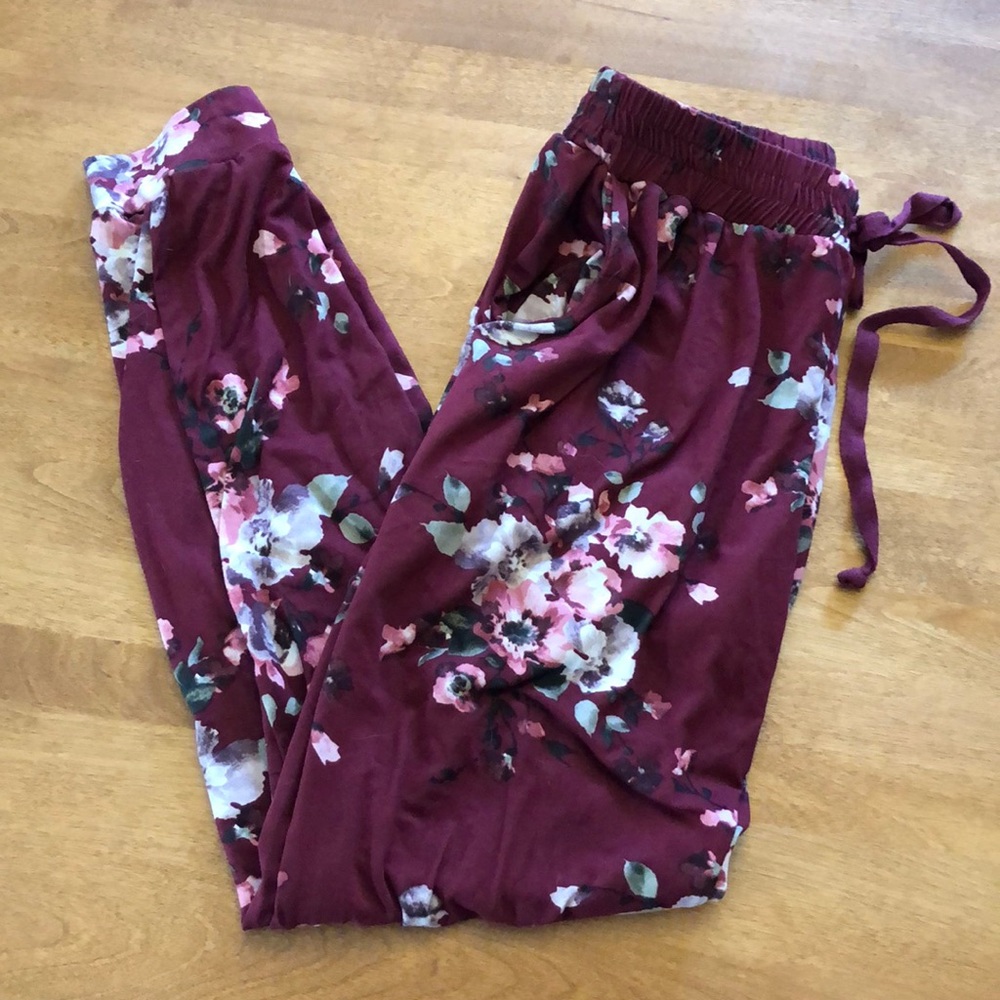 See You Monday maroon floral joggers